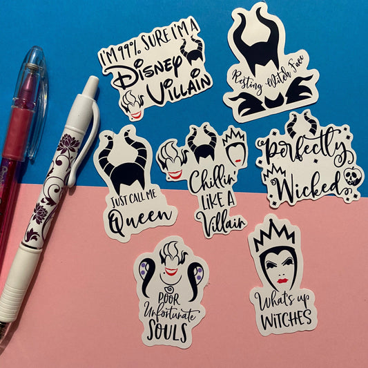 SET- Villains Glossy Die Cut Stickers -  Weather Proof - maleficent sticker, evil queen sticker, Ursula sticker - the Bear Accessories