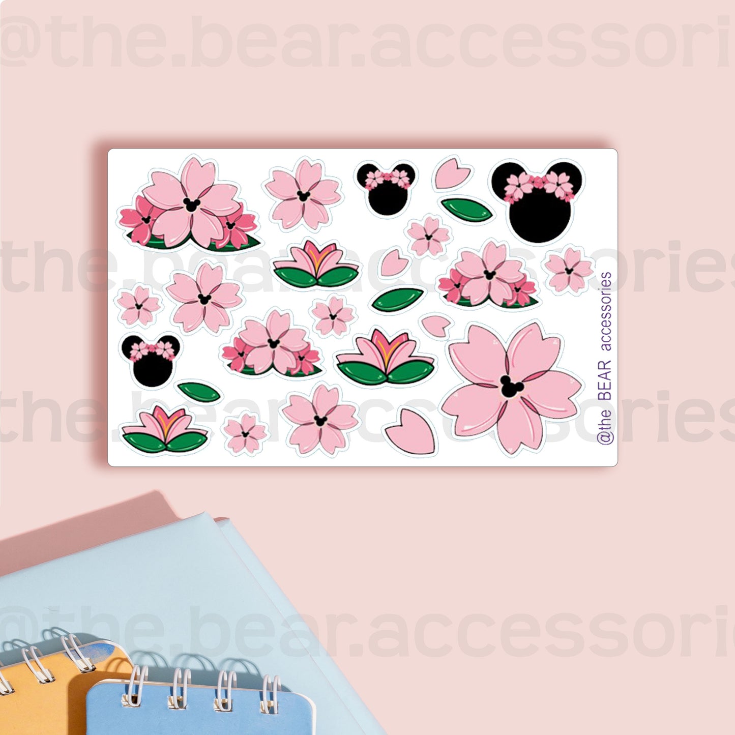 Sakura Mouse Paper Matte Stickers- pink flower stickers- hand drawn mouse and flower stickers- theBEARaccessories